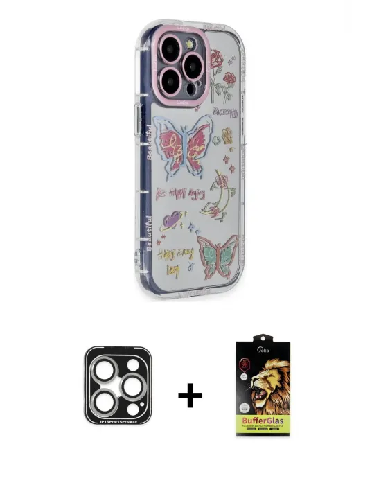 ieg™ iPhone 15 Pro Max Kılıf Ahenk Modern Serisi - Siyah Buffer Cam Ekran Koruyucu + PVD Metal Kamera Lens - GS