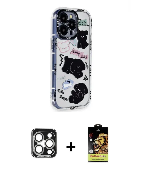 ieg™ iPhone 15 Pro Max Kılıf Ahenk Modern Serisi - Siyah Buffer Cam Ekran Koruyucu + PVD Metal Kamera Lens - GS