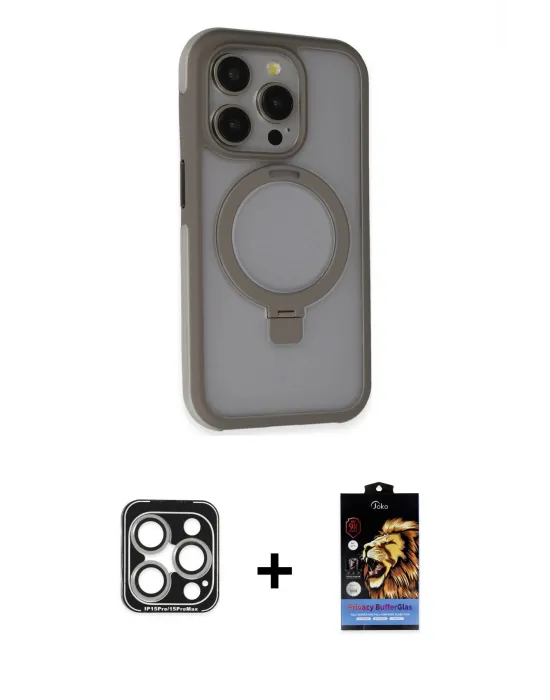 ieg™ iPhone 15 Pro Max Kılıf Ahenk Yansıma Özel Seri - Siyah Buffer Hayalet Cam Ekran Koruyucu + PVD Metal Kamera Lens - GS