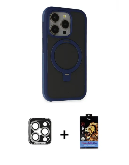 ieg™ iPhone 15 Pro Max Kılıf Ahenk Yansıma Özel Seri - Siyah Buffer Hayalet Cam Ekran Koruyucu + PVD Metal Kamera Lens - GS