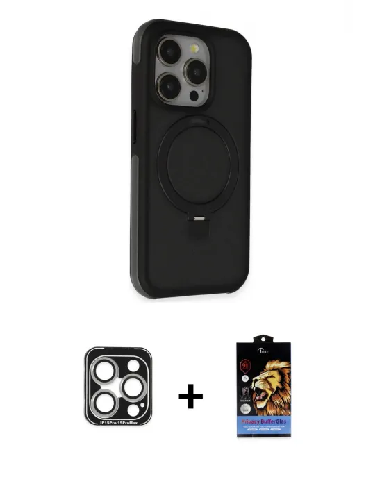 ieg™ iPhone 15 Pro Max Kılıf Ahenk Yansıma Özel Seri - Siyah Buffer Hayalet Cam Ekran Koruyucu + PVD Metal Kamera Lens - GS