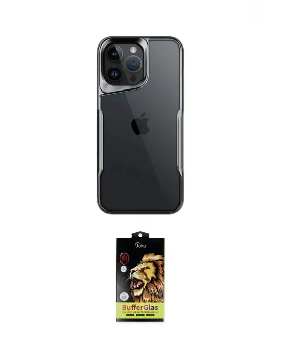 ieg™ iPhone 15 Pro Max Kılıf Akış Çizgi Koleksiyonu - Siyah Buffer Cam Ekran Koruyucu