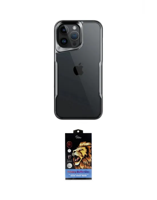 ieg™ iPhone 15 Pro Max Kılıf Akış Çizgi Koleksiyonu - Siyah Buffer Hayalet Cam Ekran Koruyucu