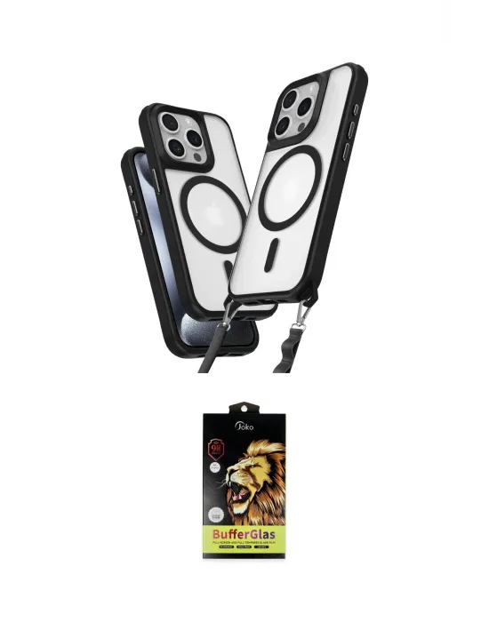 ieg™ iPhone 15 Pro Max Kılıf Atlas Doku Koleksiyonu - Siyah Buffer Cam Ekran Koruyucu
