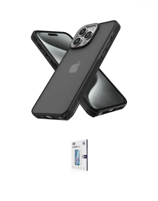 ieg™ iPhone 15 Pro Max Kılıf Atlas Form - Siyah Bilvis 0.18mm Plus Cam Ekran Koruyucu