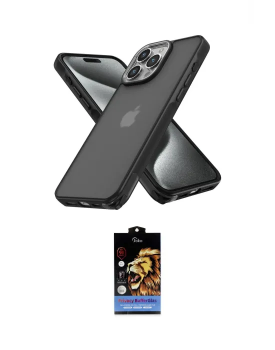 ieg™ iPhone 15 Pro Max Kılıf Atlas Form - Siyah Buffer Hayalet Cam Ekran Koruyucu