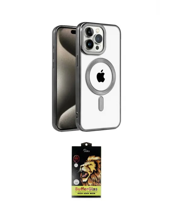 ieg™ iPhone 15 Pro Max Kılıf Eksen Form Koleksiyonu - Siyah Buffer Cam Ekran Koruyucu