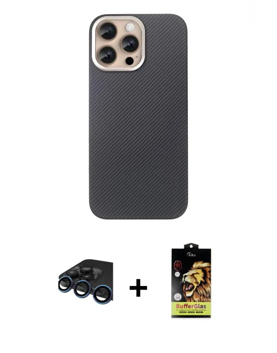 ieg™ iPhone 15 Pro Max Kılıf Eksen Prime - Siyah Buffer Cam Ekran Koruyucu + Raze Metal Kamera Lens - LT