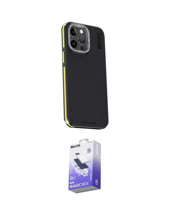 ieg™ iPhone 15 Pro Max Kılıf Kıvılcım Modern Özel Seri - Siyah Bilvis 5in1 5D Magic Hayalet Cam Ekran Koruyucu