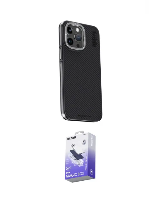 ieg™ iPhone 15 Pro Max Kılıf Kıvılcım Modern Özel Seri - Siyah Bilvis 5in1 5D Magic Hayalet Cam Ekran Koruyucu