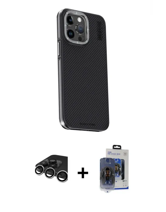 ieg™ iPhone 15 Pro Max Kılıf Kıvılcım Modern Özel Seri - Siyah Vanessa Magic Cam + Raze Metal Kamera Lens - GS