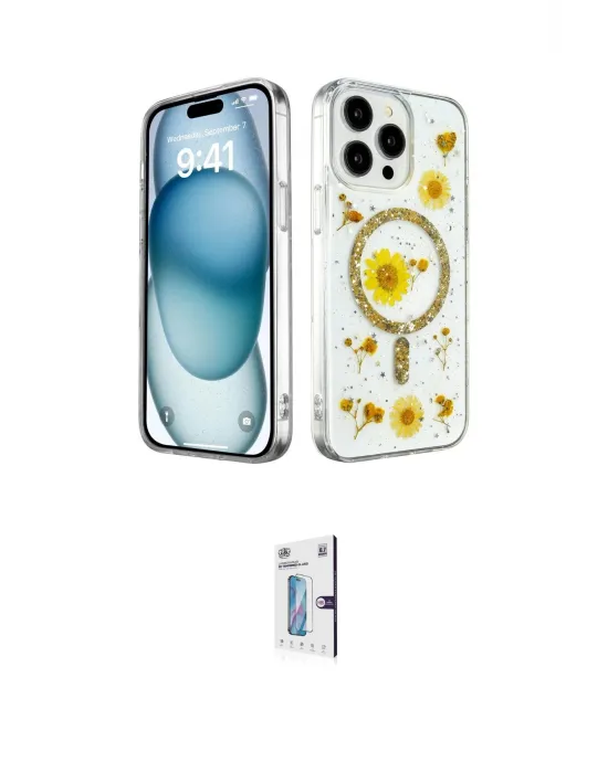 ieg™ iPhone 15 Pro Max Kılıf Kozmos Doku - Siyah Bilvis 0.18mm Plus Cam Ekran Koruyucu