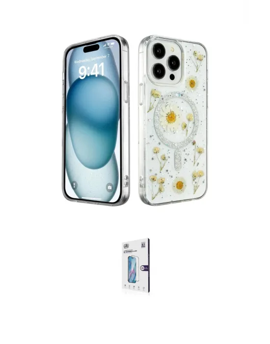 ieg™ iPhone 15 Pro Max Kılıf Kozmos Doku - Siyah Bilvis 0.18mm Plus Cam Ekran Koruyucu