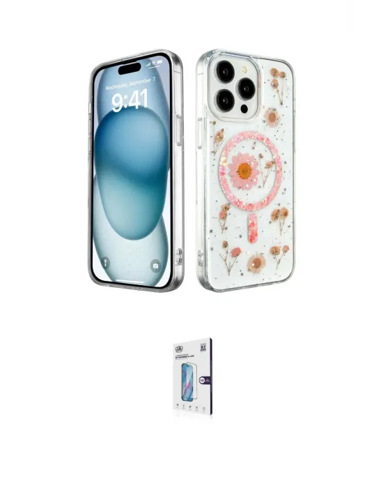 ieg™ iPhone 15 Pro Max Kılıf Kozmos Doku - Siyah Bilvis 0.18mm Plus Cam Ekran Koruyucu