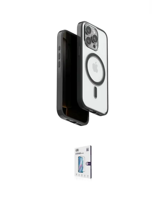 ieg™ iPhone 15 Pro Max Kılıf Pusula Form Serisi - Siyah Bilvis 0.18mm Plus Cam Ekran Koruyucu