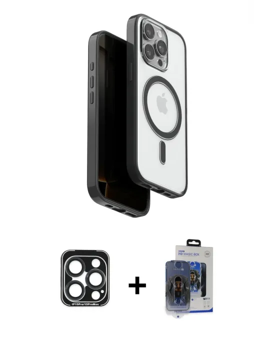 ieg™ iPhone 15 Pro Max Kılıf Pusula Form Serisi - Siyah Vanessa Magic Cam + PVD Metal Kamera Lens - LT