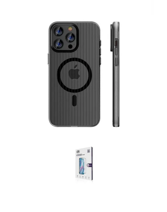 ieg™ iPhone 15 Pro Max Kılıf Pusula Minimal Koleksiyonu - Siyah Bilvis 0.18mm Plus Cam Ekran Koruyucu