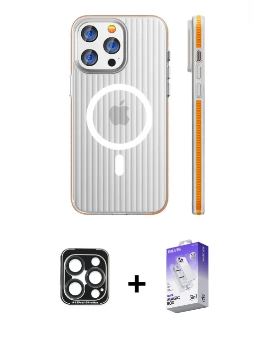 ieg™ iPhone 15 Pro Max Kılıf Pusula Minimal Koleksiyonu - Siyah Bilvis 5in1 3D Magic Cam Ekran Koruyucu + PVD Metal Kamera Lens - LT
