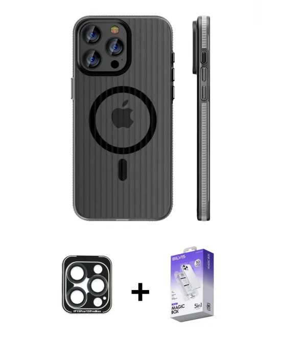 ieg™ iPhone 15 Pro Max Kılıf Pusula Minimal Koleksiyonu - Siyah Bilvis 5in1 3D Magic Cam Ekran Koruyucu + PVD Metal Kamera Lens - LT