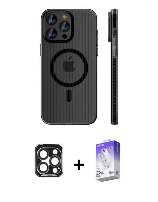 ieg™ iPhone 15 Pro Max Kılıf Pusula Minimal Koleksiyonu - Siyah Bilvis 5in1 3D Magic Cam Ekran Koruyucu + PVD Metal Kamera Lens - LT