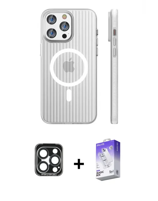 ieg™ iPhone 15 Pro Max Kılıf Pusula Minimal Koleksiyonu - Siyah Bilvis 5in1 3D Magic Cam Ekran Koruyucu + PVD Metal Kamera Lens - LT