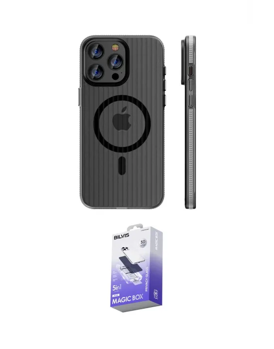 ieg™ iPhone 15 Pro Max Kılıf Pusula Minimal Koleksiyonu - Siyah Bilvis 5in1 5D Magic Hayalet Cam Ekran Koruyucu