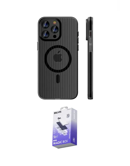 ieg™ iPhone 15 Pro Max Kılıf Pusula Minimal Koleksiyonu - Siyah Bilvis 5in1 5D Magic Hayalet Cam Ekran Koruyucu