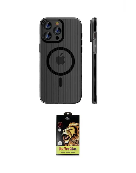 ieg™ iPhone 15 Pro Max Kılıf Pusula Minimal Koleksiyonu - Siyah Buffer Cam Ekran Koruyucu