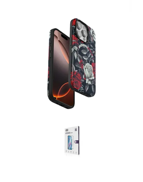 ieg™ iPhone 15 Pro Max Kılıf Siluet Doku - Siyah Bilvis 0.18mm Plus Cam Ekran Koruyucu