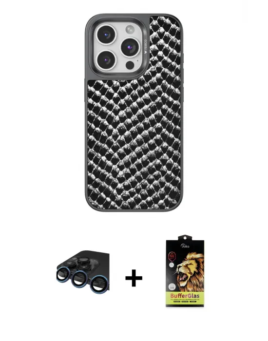 ieg™ iPhone 15 Pro Max Kılıf Vadi Özel Seri - Siyah Buffer Cam Ekran Koruyucu + Raze Metal Kamera Lens - LT