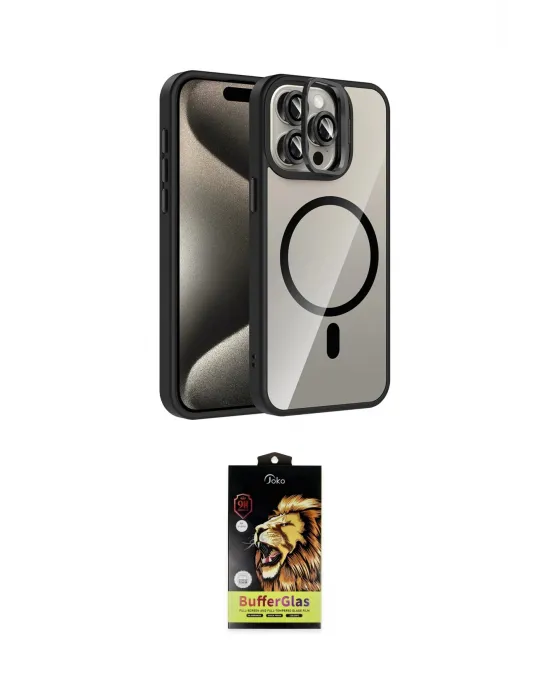ieg™ iPhone 15 Pro Max Kılıf Yadigar Asil Koleksiyonu - Siyah Buffer Cam Ekran Koruyucu