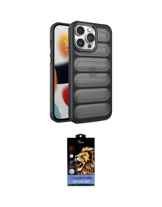 ieg™ iPhone 15 Pro Max Kılıf Yadigar Doku Özel Seri - Siyah Buffer Hayalet Cam Ekran Koruyucu