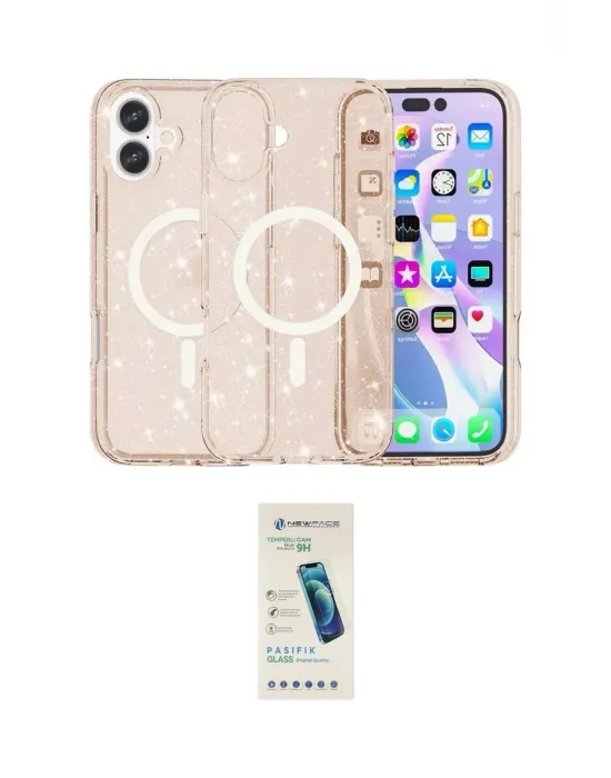 ieg™ iPhone 16 Plus Kılıf Eksen Doku Koleksiyonu - Şeffaf Pasifik Cam Ekran Koruyucu