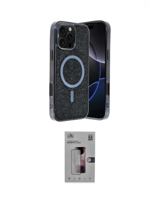 ieg™ iPhone 16 Pro Kılıf Eksen Çizgi - Siyah Bilvis 3D Mat Cam Ekran Koruyucu