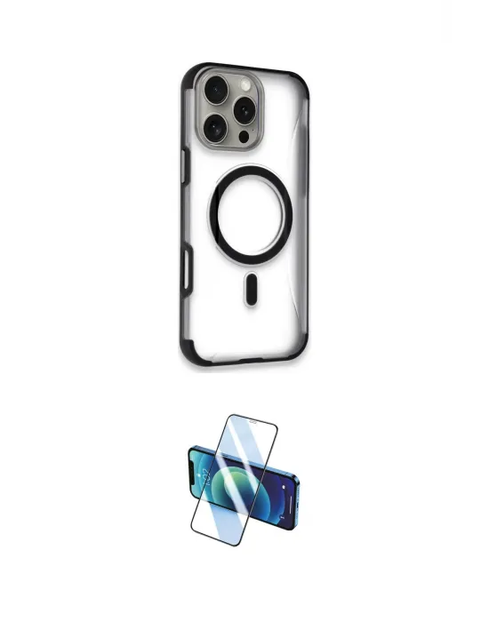 ieg™ iPhone 16 Pro Kılıf Eksen Klasik Koleksiyonu - Siyah 3D Antistatik Cam Ekran Koruyucu