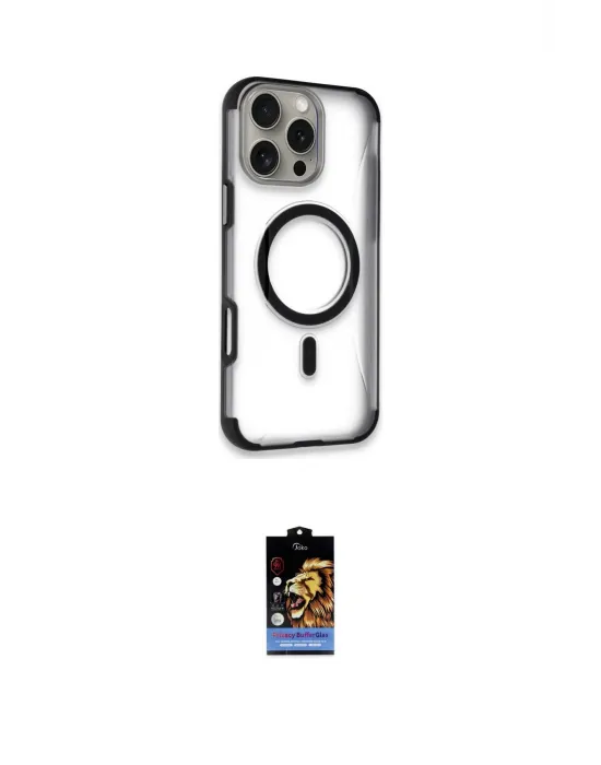 ieg™ iPhone 16 Pro Kılıf Eksen Klasik Koleksiyonu - Siyah Buffer Hayalet Cam Ekran Koruyucu