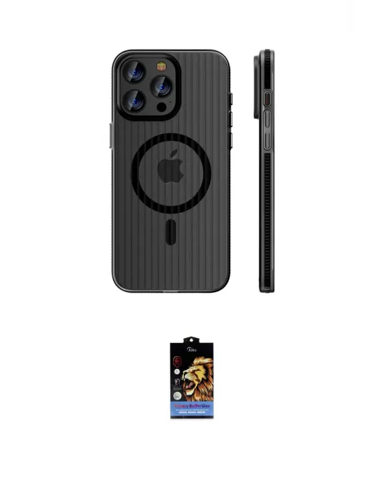 ieg™ iPhone 16 Pro Kılıf Pusula Minimal Koleksiyonu - Siyah Buffer Hayalet Cam Ekran Koruyucu