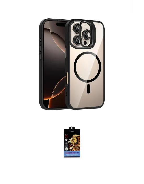 ieg™ iPhone 16 Pro Kılıf Yadigar Asil Koleksiyonu - Siyah Buffer Hayalet Cam Ekran Koruyucu