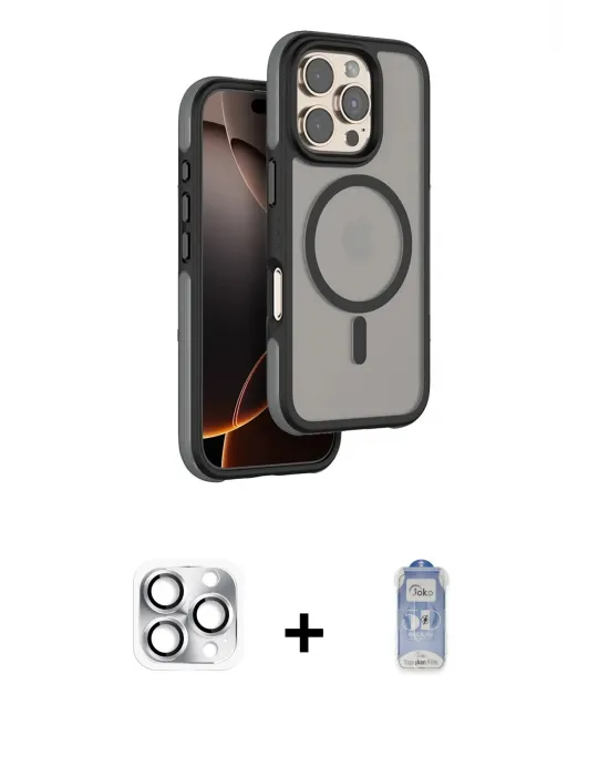 ieg™ iPhone 16 Pro Max Kılıf Çekirdek Minimal Prime - Siyah Joko Magic 5D Cam + Pers Alüminyum Kamera Lens - GS