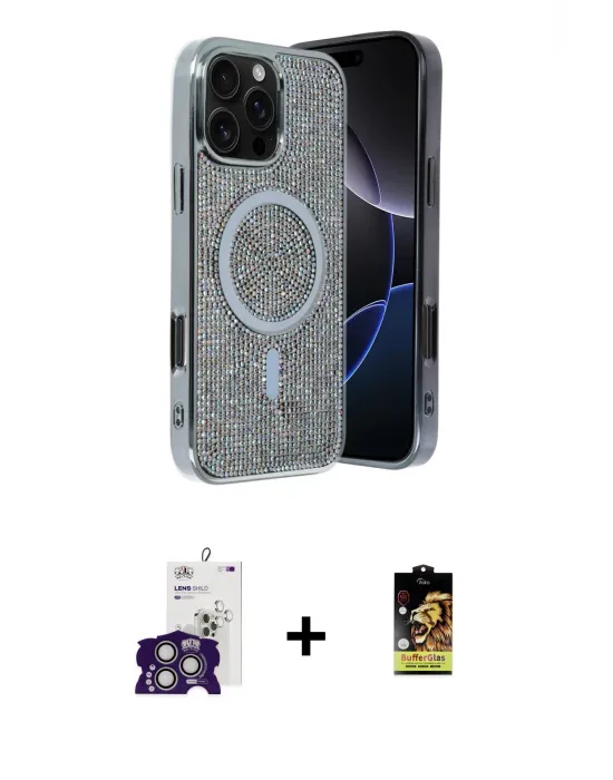 ieg™ iPhone 16 Pro Max Kılıf Eksen Çizgi - Siyah Buffer Cam Ekran Koruyucu + Bilvis Titan Kamera Lens - GS