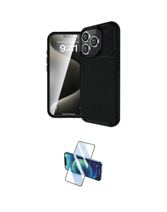 ieg™ iPhone 16 Pro Max Kılıf Eksen Form Prime - Siyah 3D Antistatik Cam Ekran Koruyucu