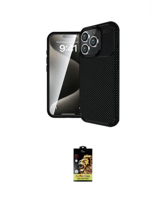 ieg™ iPhone 16 Pro Max Kılıf Eksen Form Prime - Siyah Buffer Cam Ekran Koruyucu
