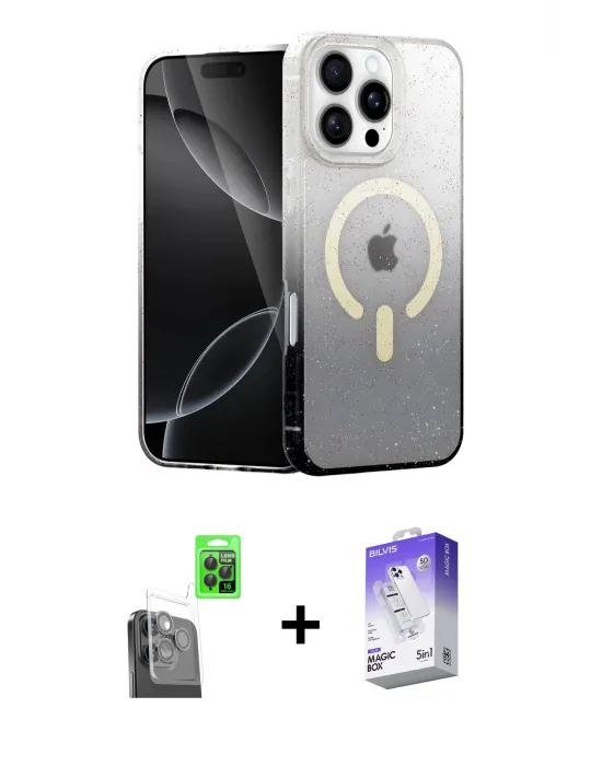 ieg™ iPhone 16 Pro Max Kılıf Eksen Minimal Özel Seri - Siyah Bilvis 5in1 3D Magic Cam Ekran Koruyucu + Raze Metal Kamera Lens - SH