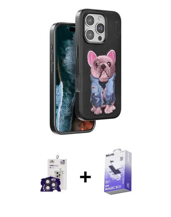 ieg™ iPhone 16 Pro Max Kılıf İz Minimal Koleksiyonu - Siyah Bilvis 5in1 5D Magic Hayalet Cam Ekran Koruyucu + Bilvis Titan Kamera Lens - TMGI
