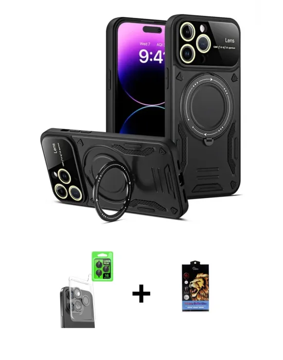 ieg™ iPhone 16 Pro Max Kılıf Kıvılcım Modern Serisi - Siyah Buffer Hayalet Cam Ekran Koruyucu + Raze Metal Kamera Lens - SH