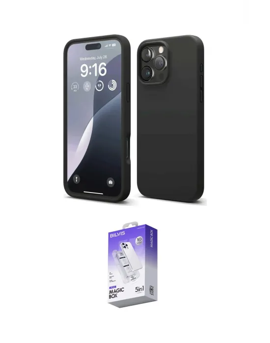 ieg™ iPhone 16 Pro Max Kılıf Kozmos Yansıma Özel Seri - Siyah Bilvis 5in1 3D Magic Cam Ekran Koruyucu