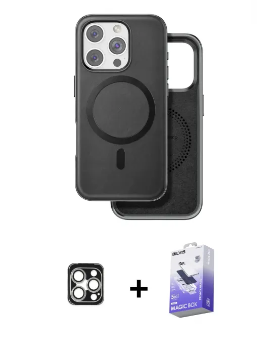 ieg™ iPhone 16 Pro Max Kılıf Pusula Işık Koleksiyonu - Siyah Bilvis 5in1 5D Magic Hayalet Cam Ekran Koruyucu + PVD Metal Kamera Lens - GS