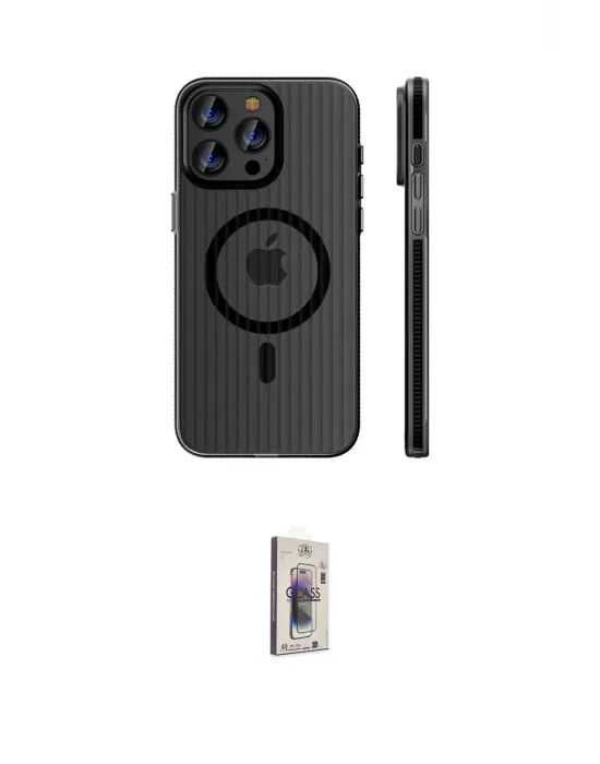 ieg™ iPhone 16 Pro Max Kılıf Pusula Minimal Koleksiyonu - Siyah Bilvis 3D Cam Ekran Koruyucu