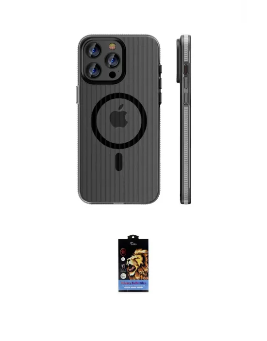 ieg™ iPhone 16 Pro Max Kılıf Pusula Minimal Koleksiyonu - Siyah Buffer Hayalet Cam Ekran Koruyucu