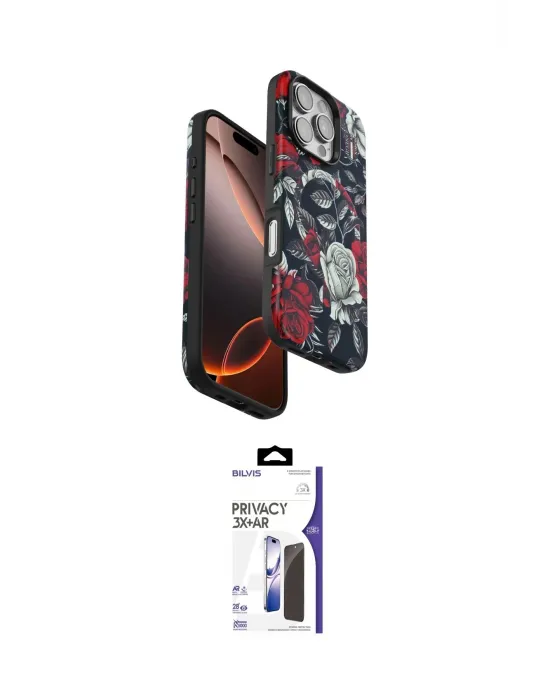 ieg™ iPhone 16 Pro Max Kılıf Siluet Doku - Siyah Bilvis 3X AR Hayalet Cam Ekran Koruyucu